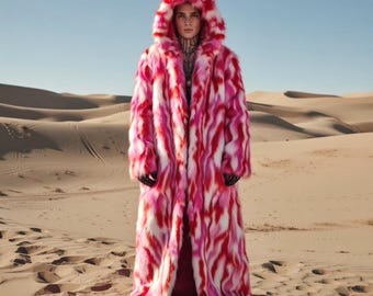 Custom Floor Length faux fur Coat Pink, Hooded Statement Outerwear, Luxury Playa Piece Shaggy Luxury Cape