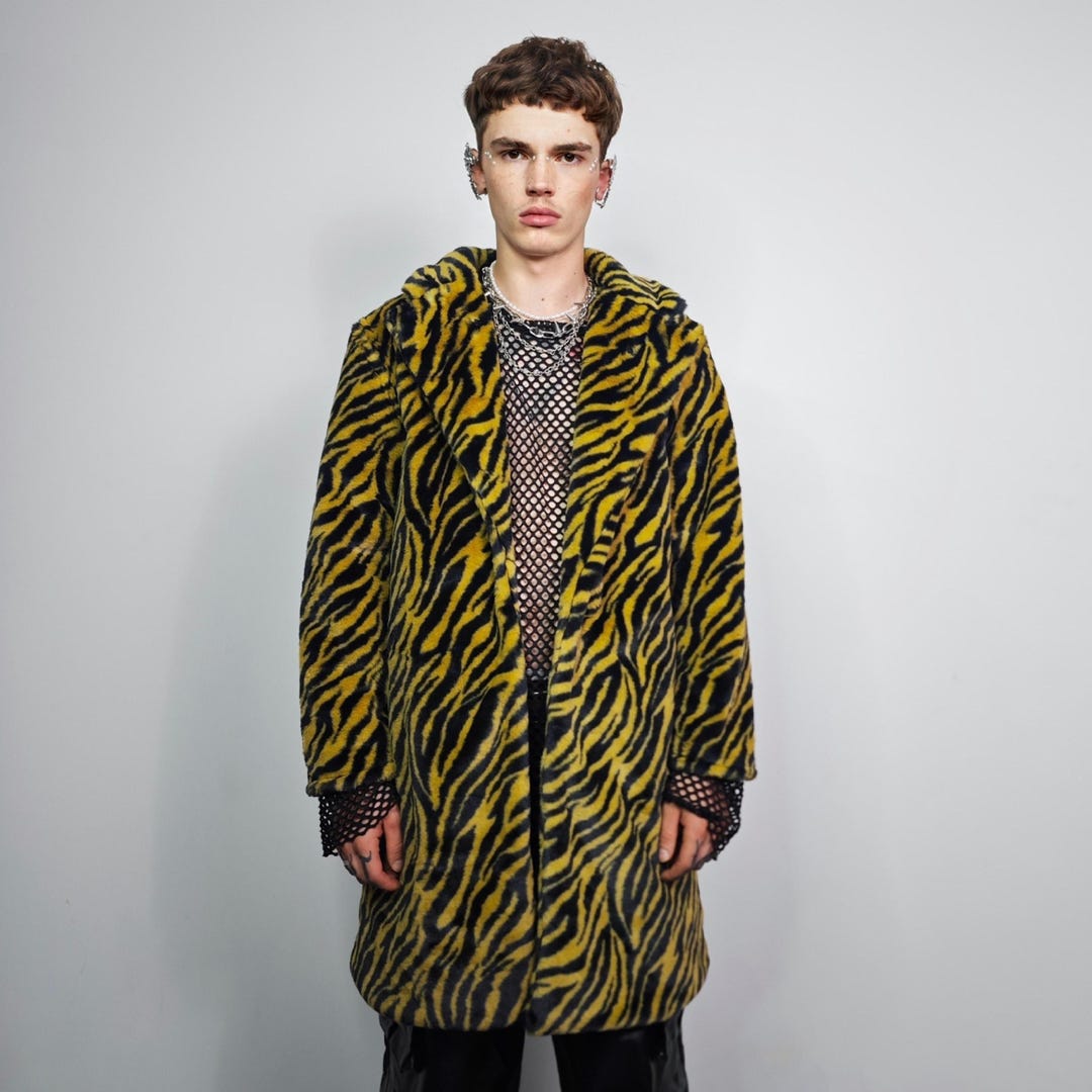 Yellow Tiger Stripe Faux Fur Coat, Plush Velvet Feel Trench