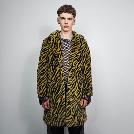 Yellow Tiger Stripe Faux Fur Coat, Plush Velvet Feel Trench