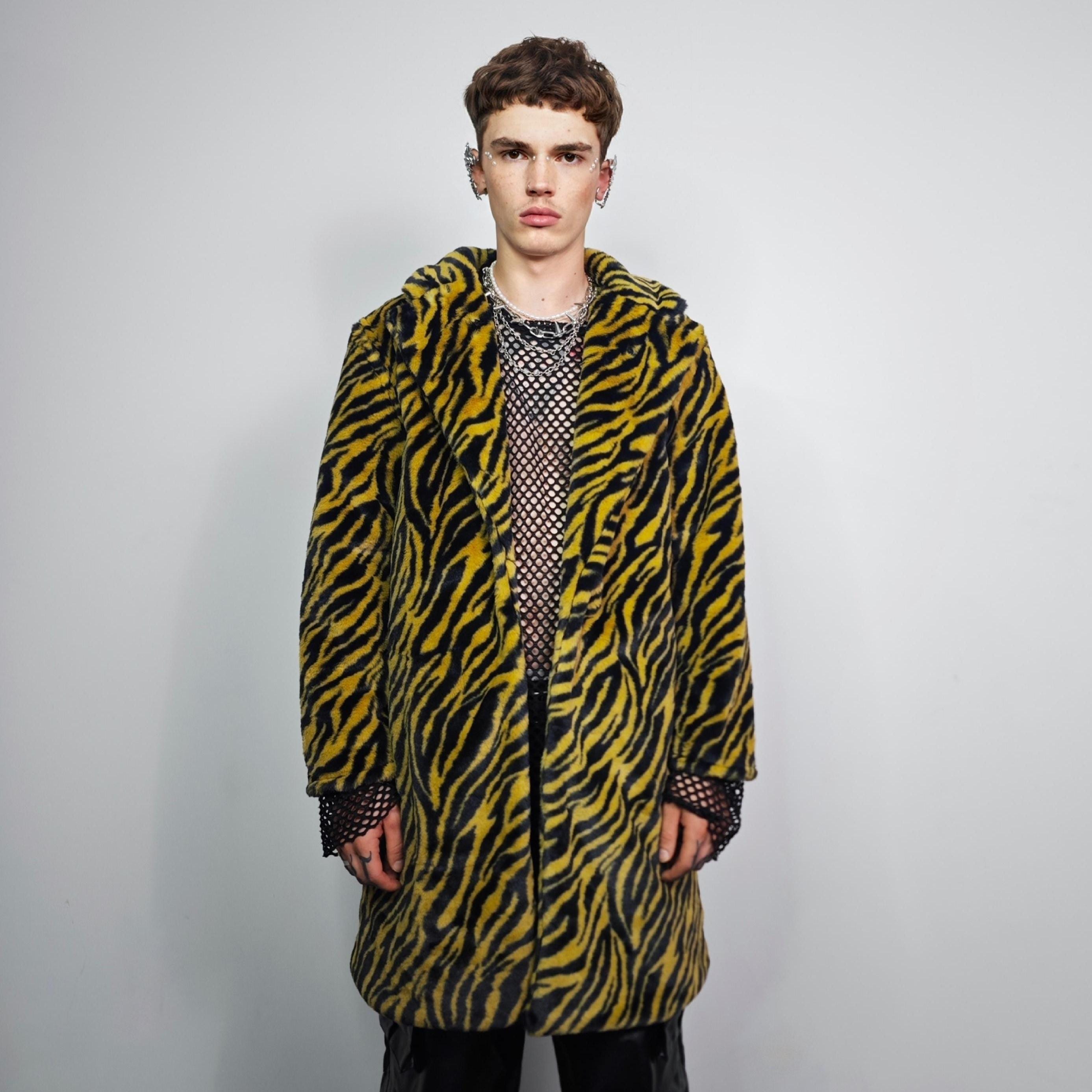 Yellow Tiger Stripe Faux Fur Coat, Plush Velvet Feel Trench