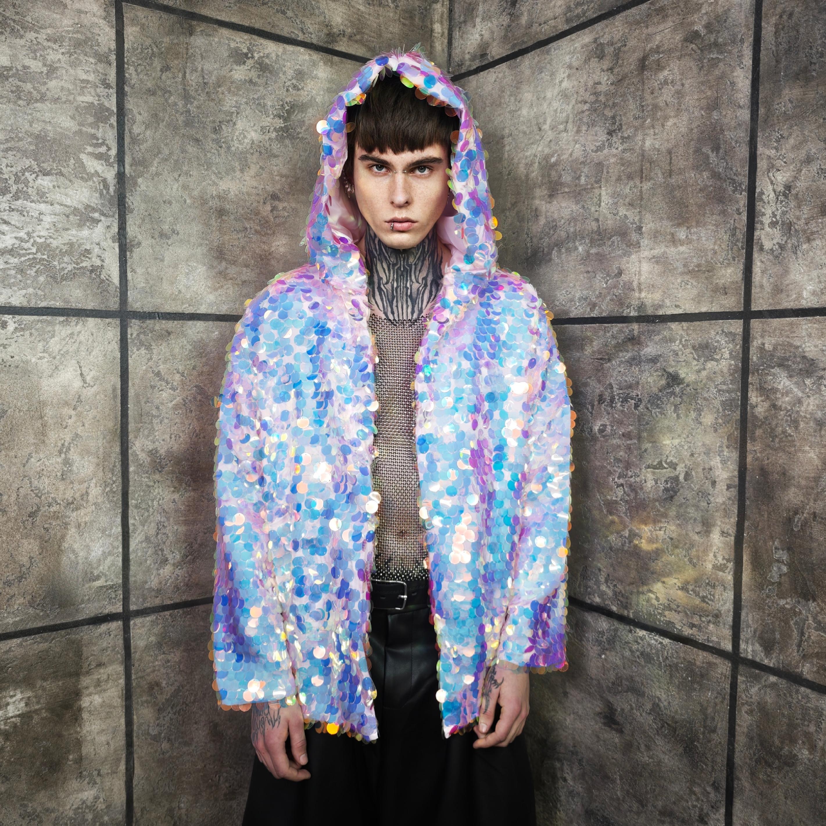 LED Sequin Jacket, Glow in the Dark Festival Hoodie, Iridescent Rave ...