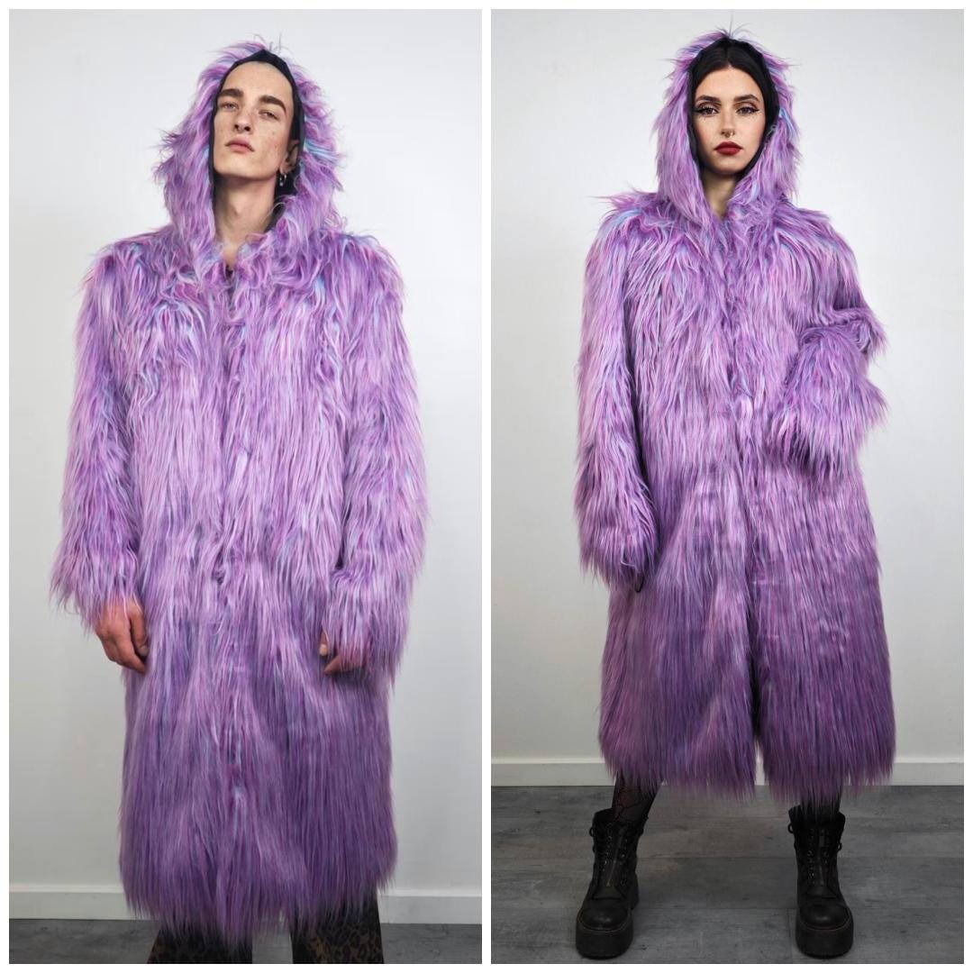 Long Faux Fur Trench, Purple Shaggy Neon Jacket, Fluffy Lilac Y2K