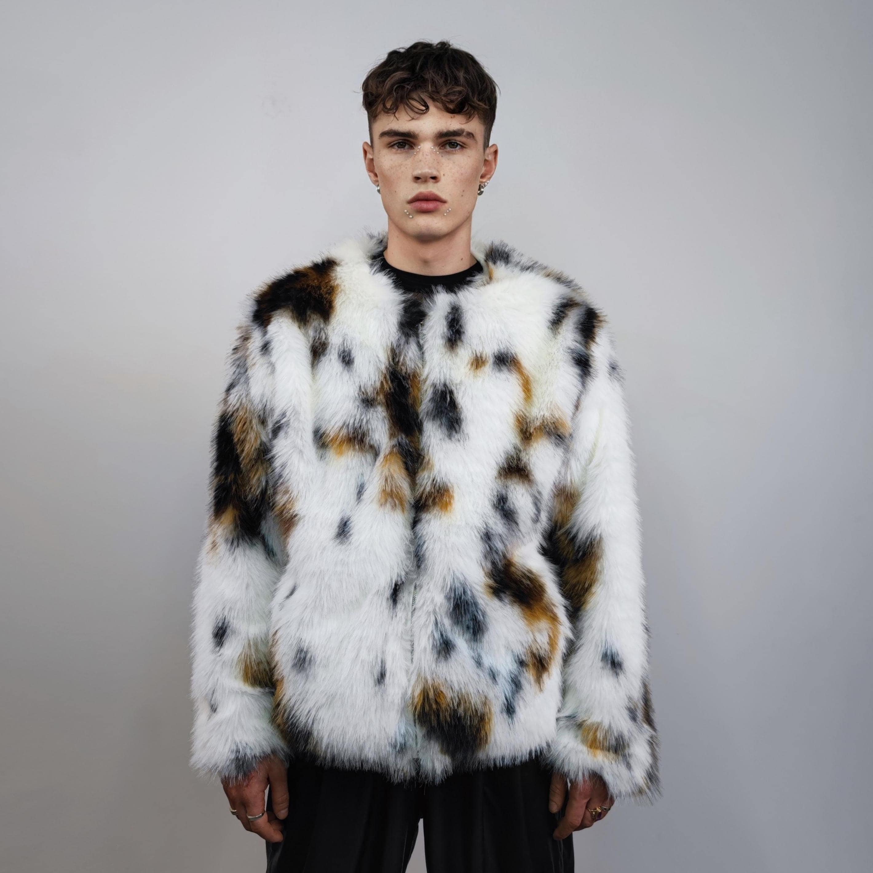 Unisex Spot Print Faux Fur Coat: Collarless Leopard Bomber Jacket