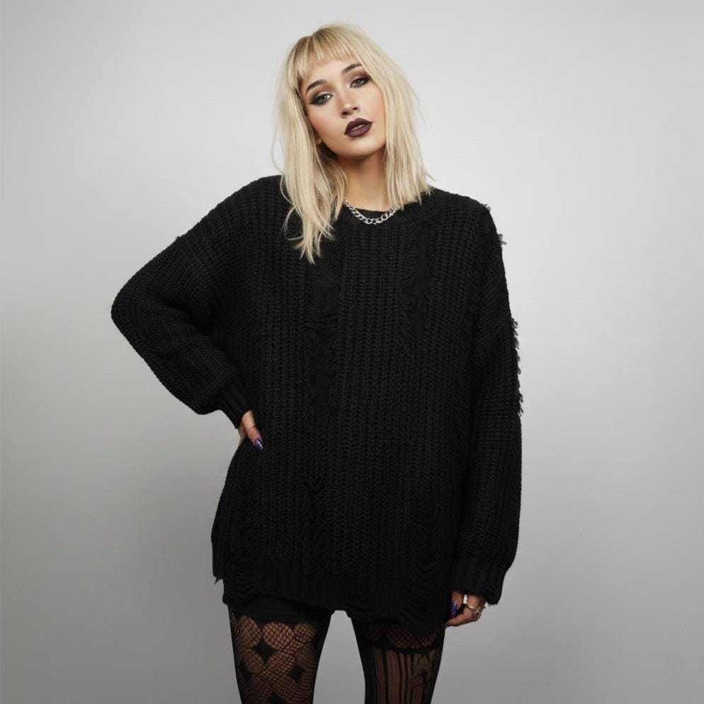 Black Ripped Knit Sweater, Distressed Shredded Grunge Jumper