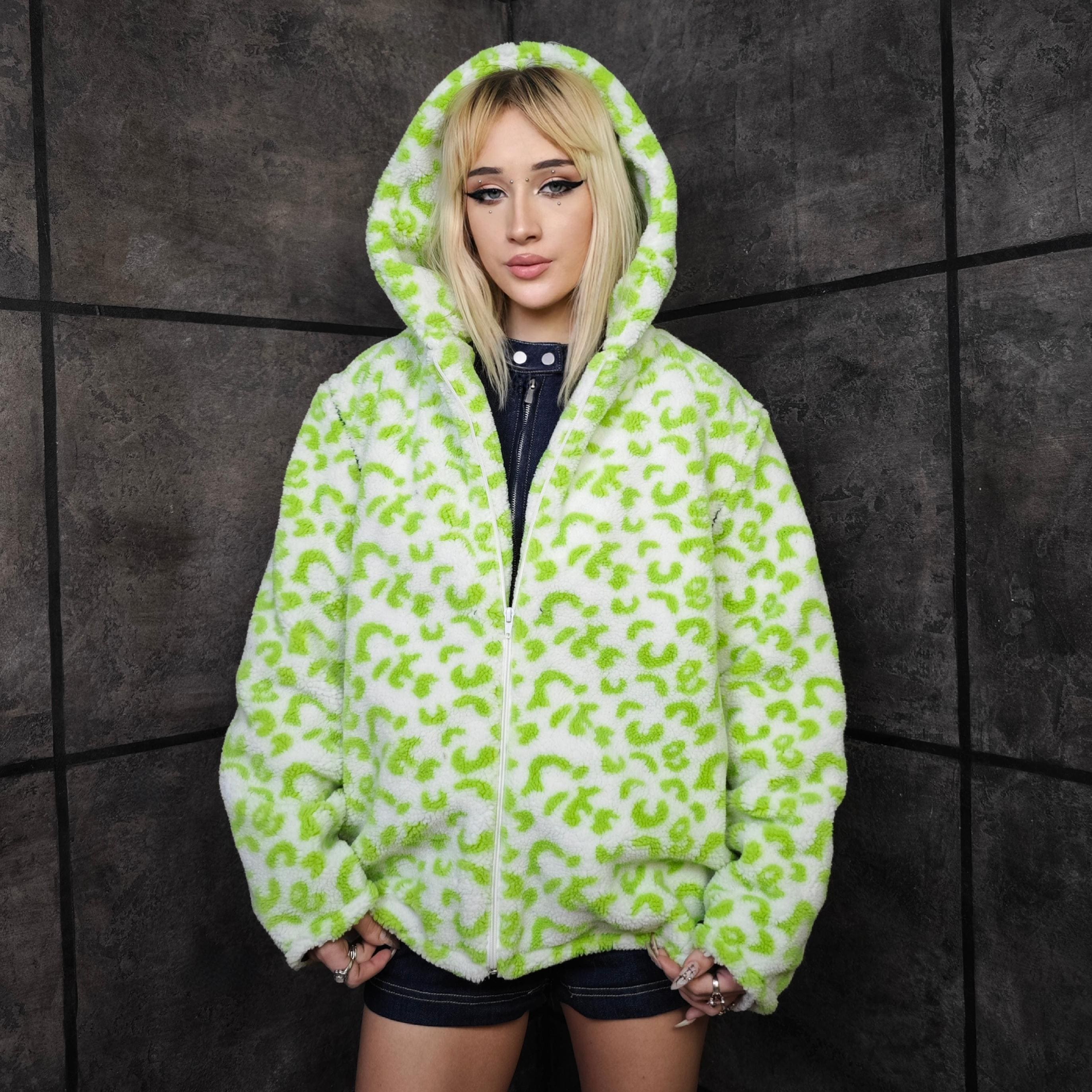 Neon Green Leopard Fleece Jacket, Mens Boxy Cheetah Hoodie