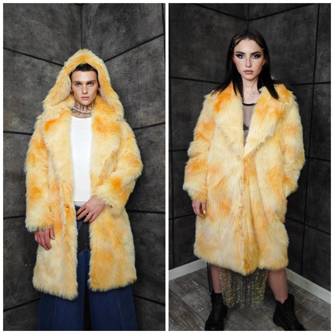 Yellow Gradient Faux Fur Cropped Trench, Solar Flare Shaggy Jacket