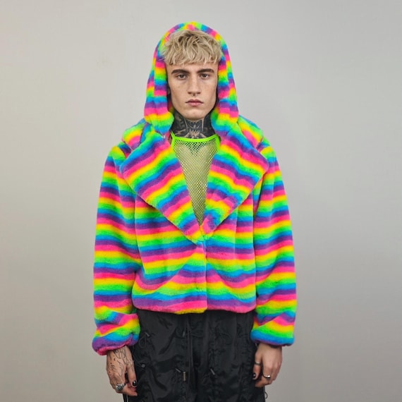 Rainbow Hooded Coat Unicorn Fleece Striped Gay Jacket Short LGBT