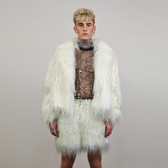Shaggy Festival Coat White Fuzzy Trench Faux Fur Short Burner Rave