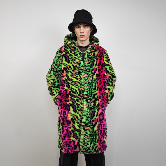 Neon Leopard Faux Fur Coat Festival Trench Animal Print Hood