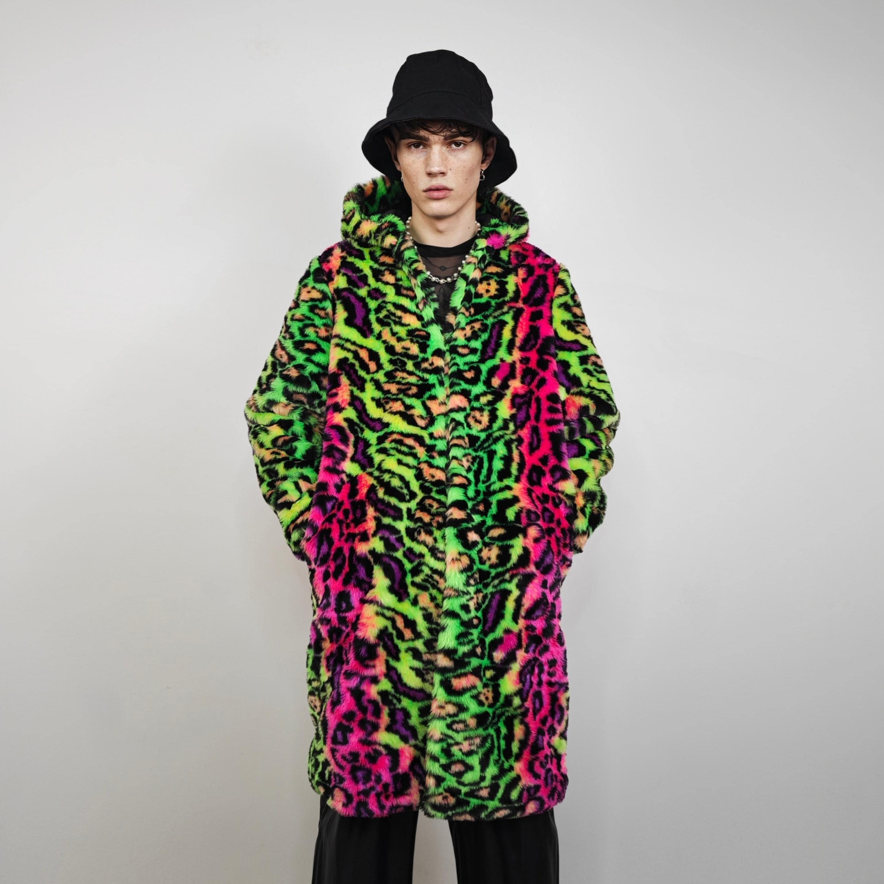 Neon Leopard Faux Fur Coat Festival Trench Animal Print Hood