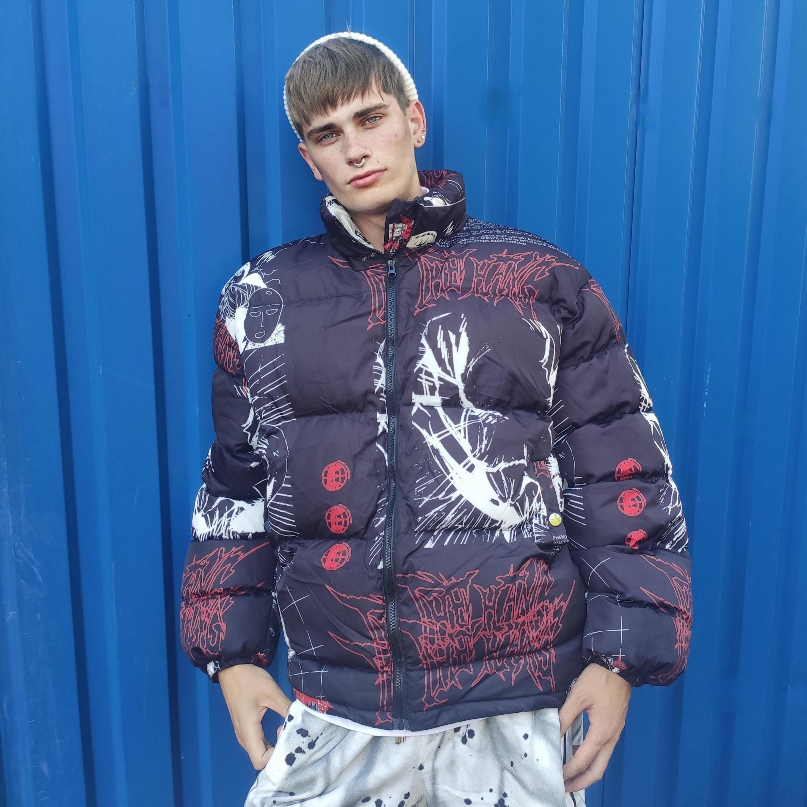 Black Anime Print Puffer Jacket, Manga Panel Bomber Coat, Japanese