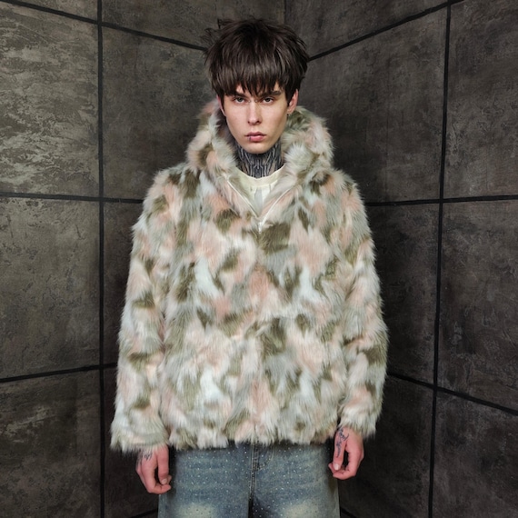 Camouflage Furry Jacket, Unisex Festival Coat, Green Pink Camo 