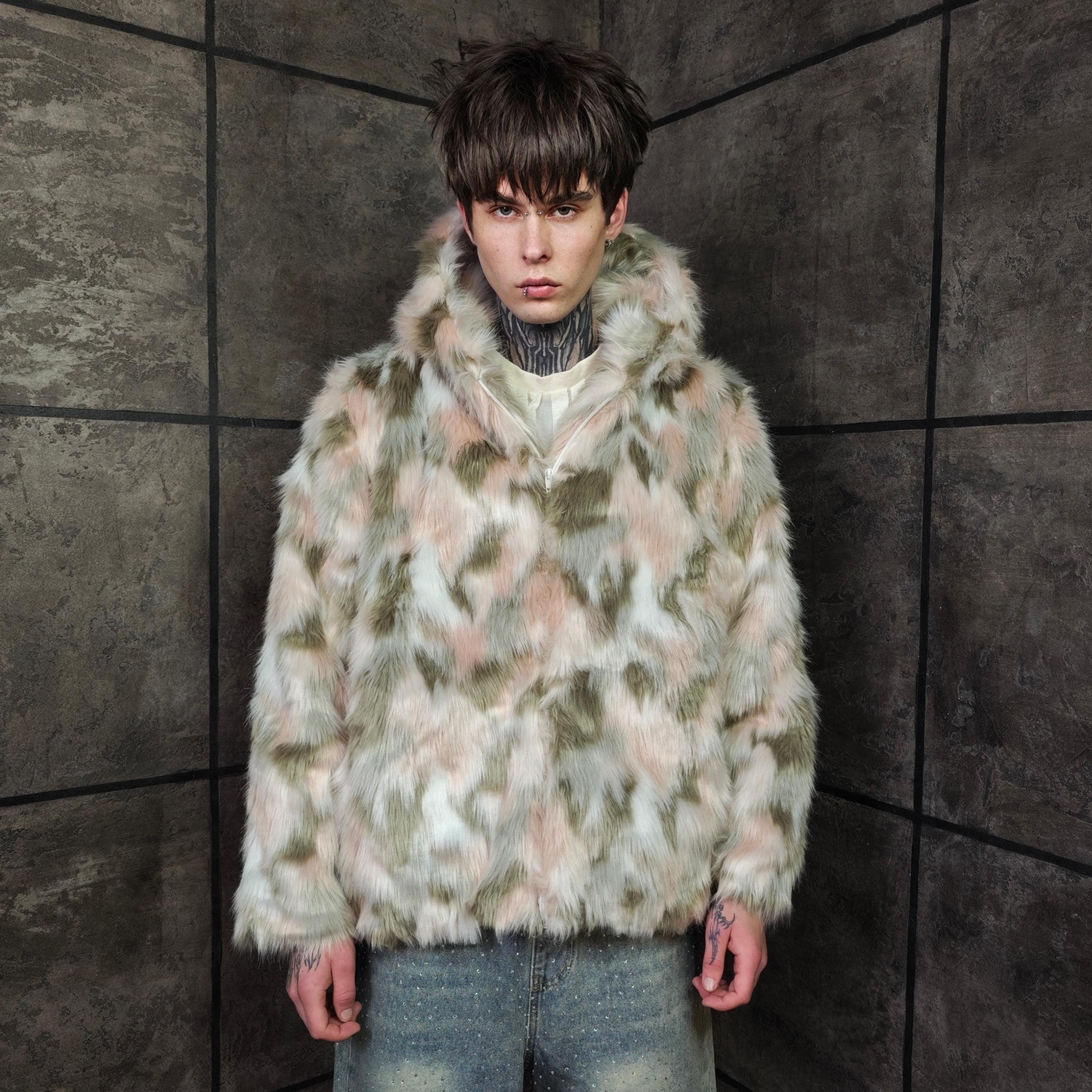 Camouflage Furry Jacket, Unisex Festival Coat, Green Pink Camo