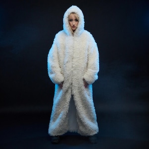 Oversized Teddy Fleece Coat, Floor length Hooded Jacket, Ivory Minimal Streetwear Sherpa Outerwear