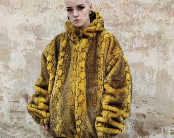 Snake Print Faux Fur Jacket, Python Hooded Bomber, Yellow Reptile Coat, Lizard Animal Print, Rave Festival Outerwear