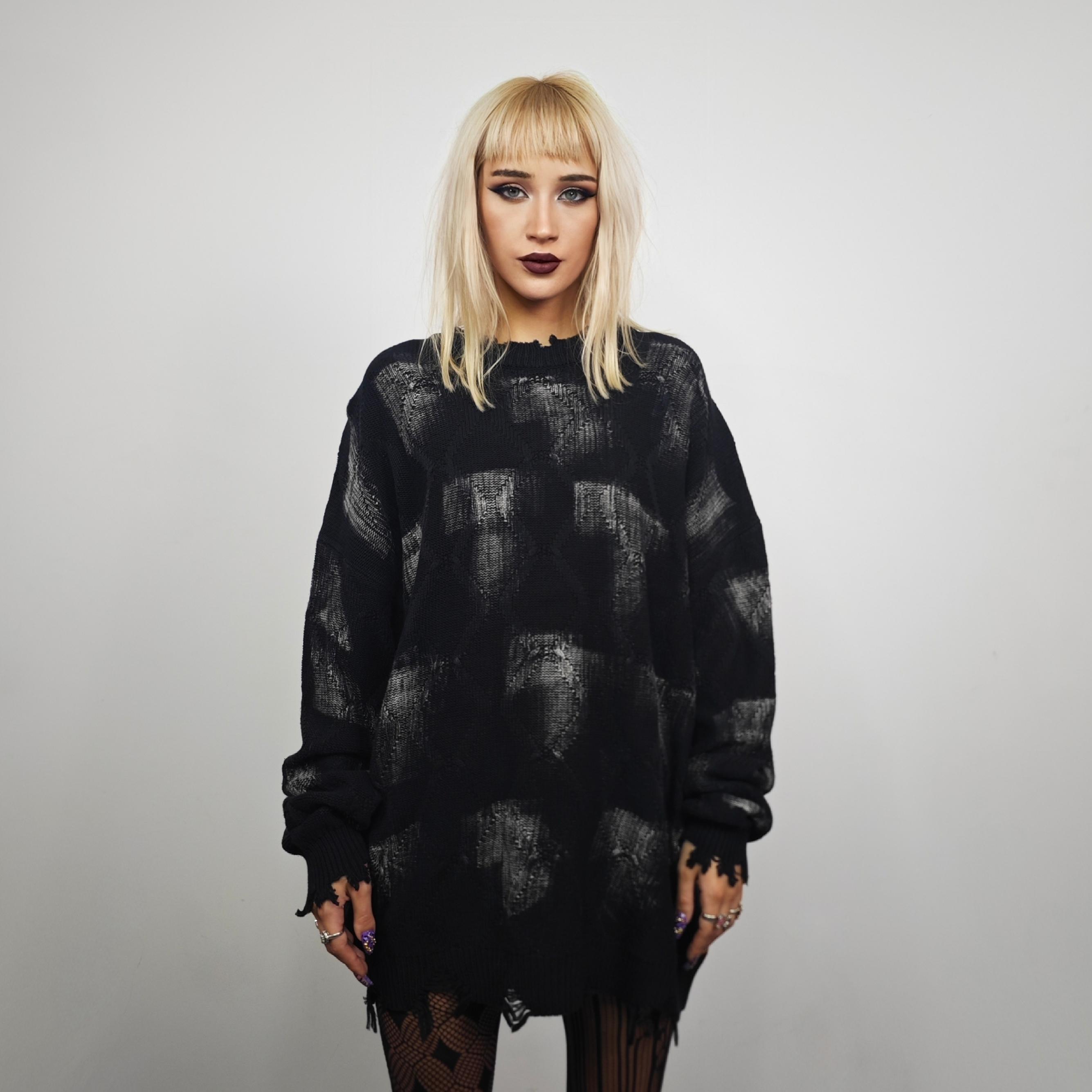 Washed Green Ripped Distressed Sweater, Grunge Textured Knit