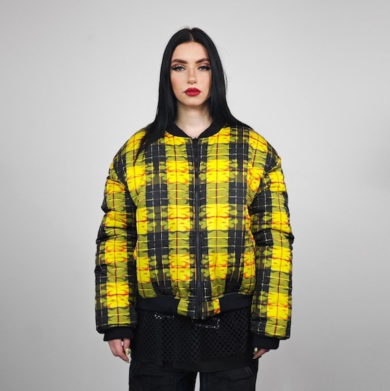Flame Bomber Check Yellow Jacket Thunder Print Reversible College