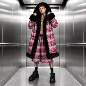 Red Snake Sequin Coat, Sparkly Reversible Hooded Faux Fur Jacket, Two Sided Python Overcoat, Club Kid Rave Cloak