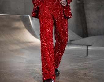 Pantalon rouge à sequins, pantalon scintillant, tenue de soirée disco, tenue de festival rave, bas de performance scénique