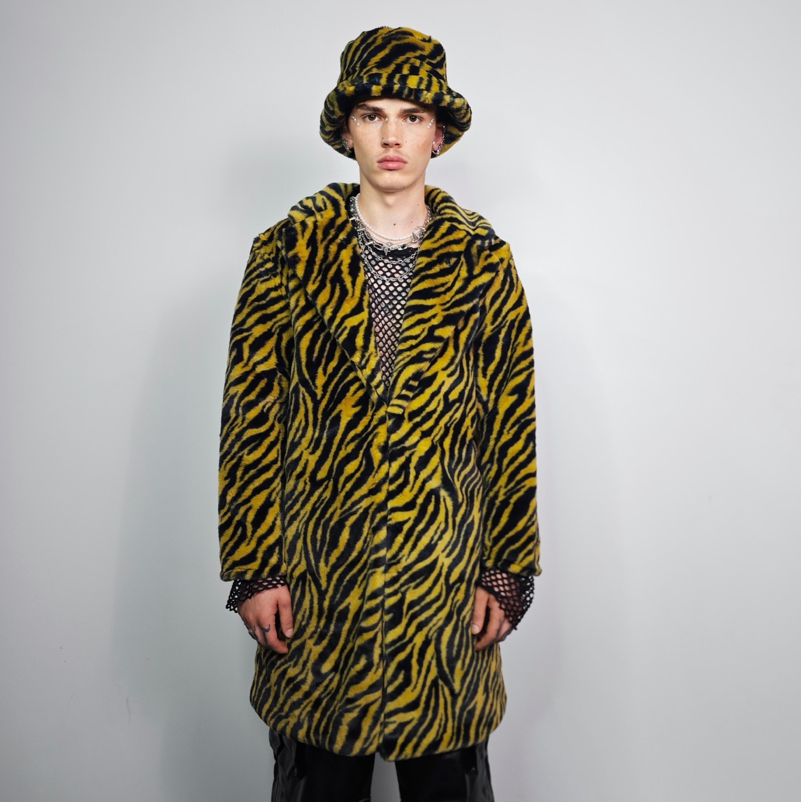 Yellow Tiger Stripe Faux Fur Coat, Plush Velvet Feel Trench