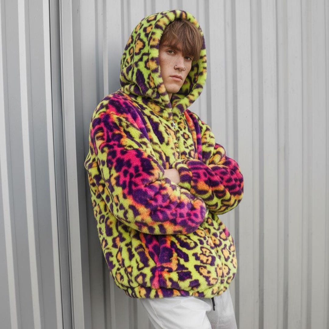 Neon Leopard Faux Fur Hoodie Purple Green Festival Jacket Animal