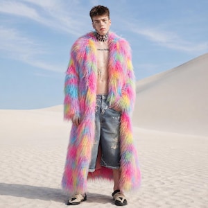 May include: A long, open-front coat made of shaggy, multi-coloured faux fur featuring vibrant streaks of pink, blue, yellow, and purple. The coat is worn over distressed blue denim shorts, with the garment reaching down to the lower calf area.