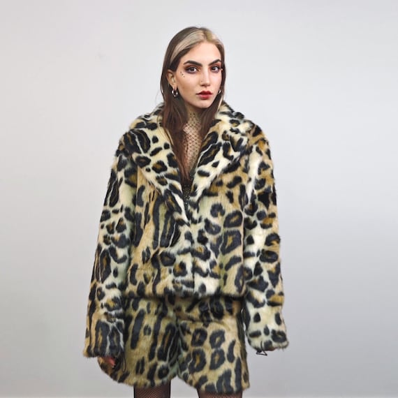 Brown Black Leopard Cropped Coat Faux Fur Animal Print Playa
