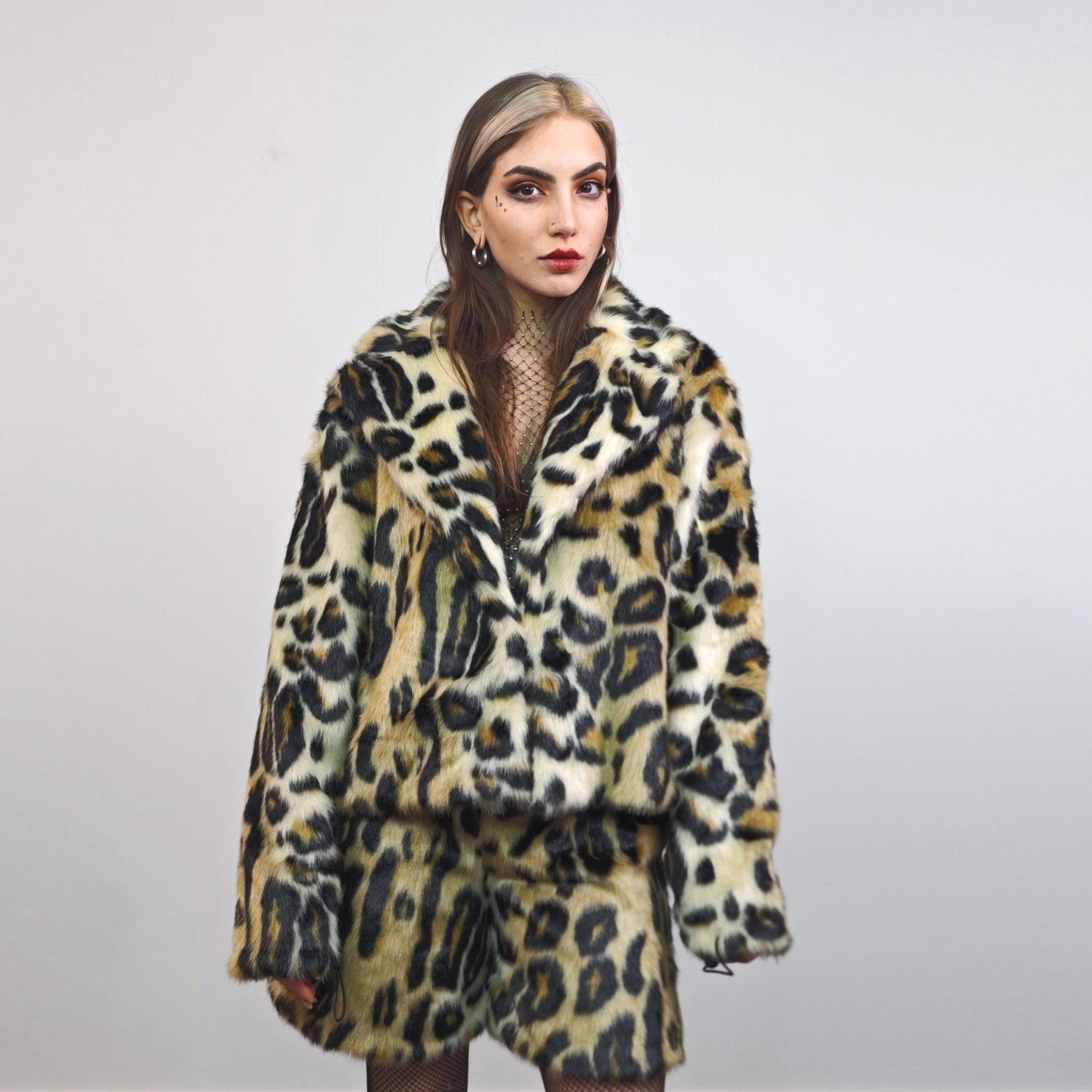 Brown Black Leopard Cropped Coat Faux Fur Animal Print Playa