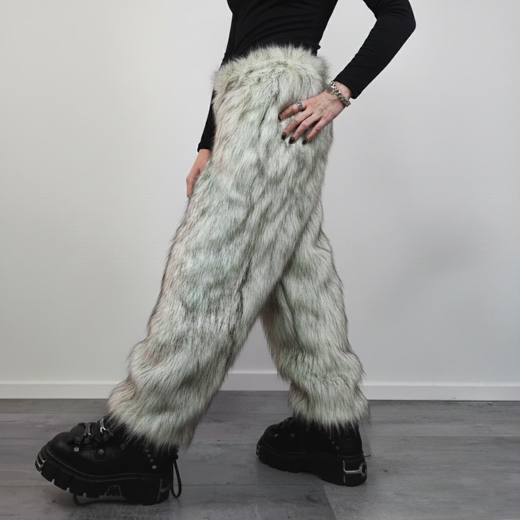 Faux Fur Joggers White Oil Wash, Shaggy Statement Pants, Unisex