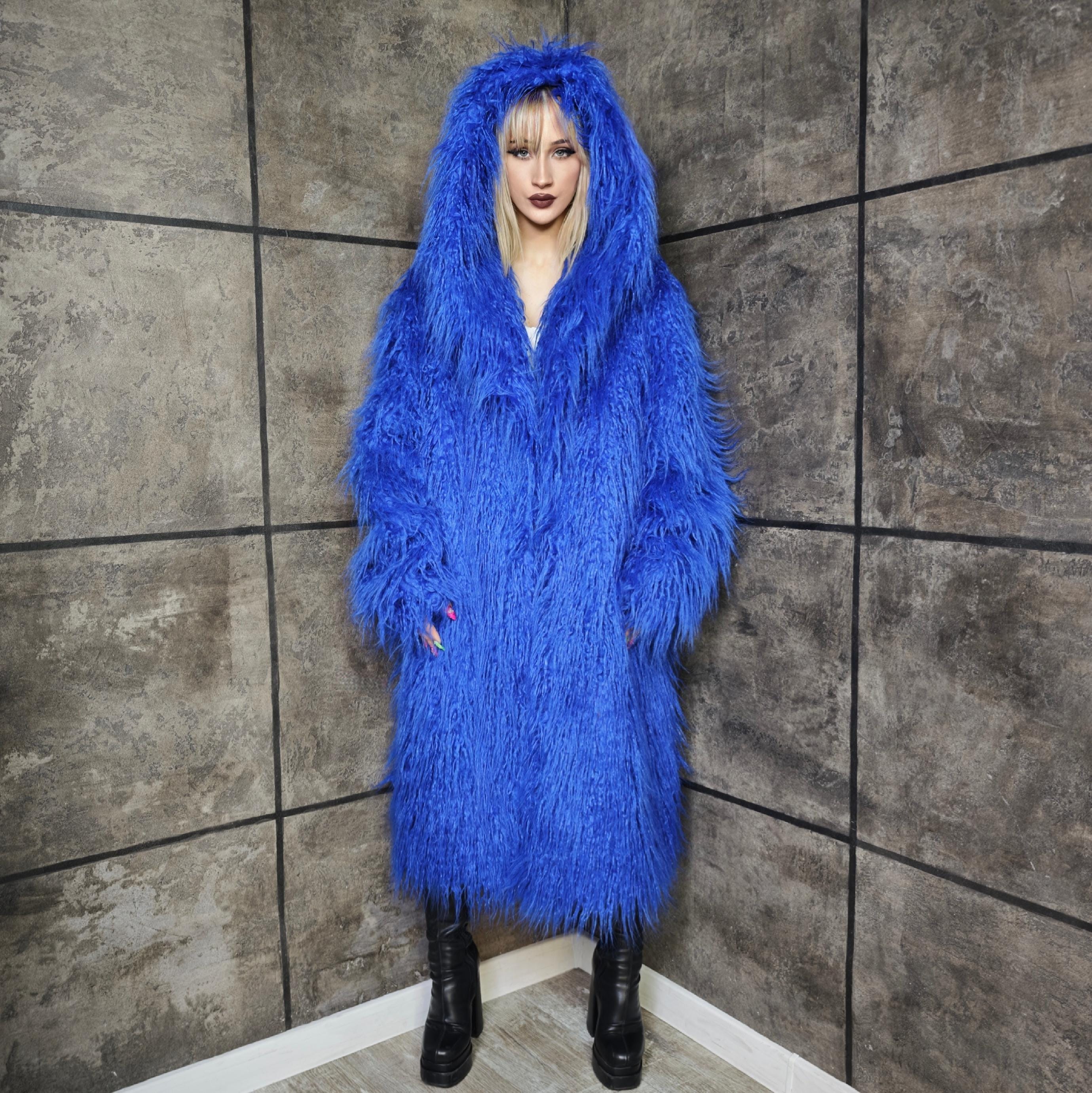 Blue Faux Fur Hooded Coat, Oversized Long Shaggy Jacket, Statement