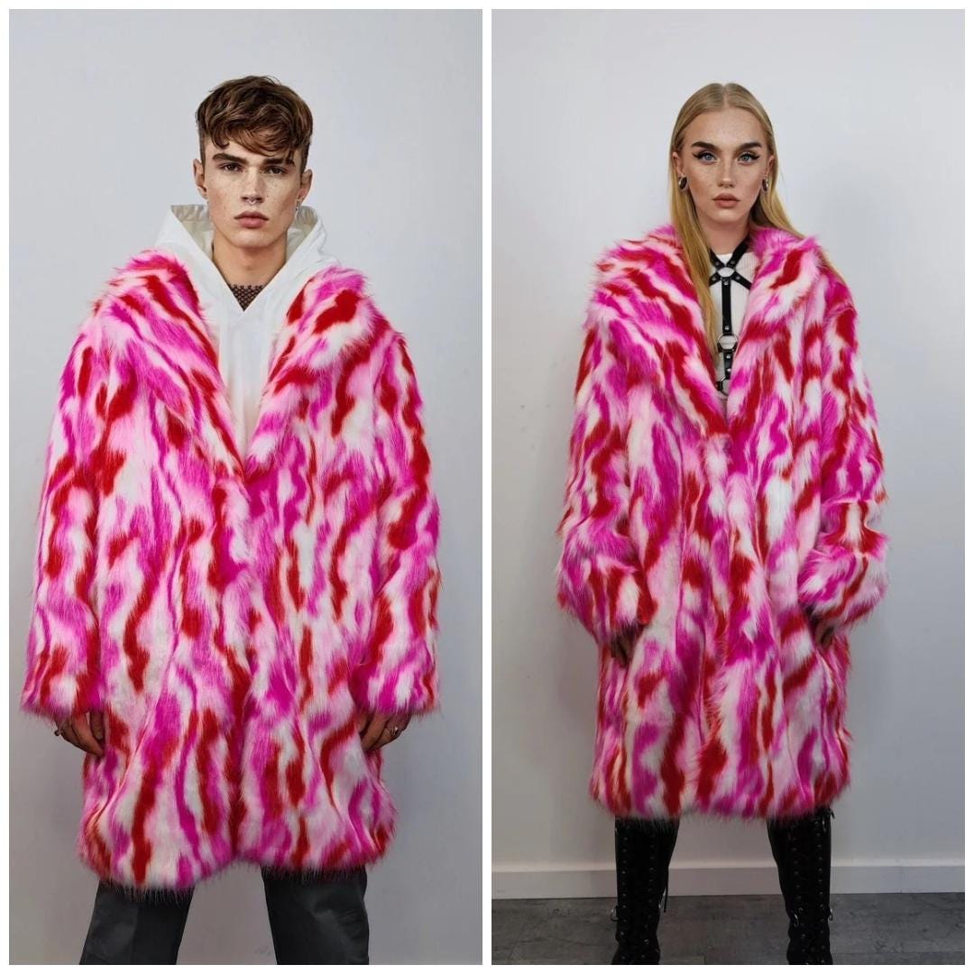 Cropped Coat Red Pink Faux Fur Striped Trench Short Playa Festival
