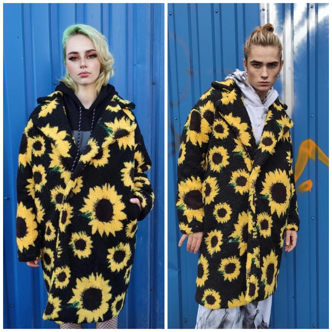 Sunflower Fleece Hooded Jacket Yellow Black Floral Coat Festival