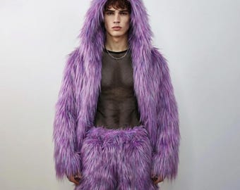 Purple Faux Fur Hoodie, Shaggy Neon Rave Jacket, Lilac Fluffy Coat, Y2K Burner Bomber, Lavender Haze Overcoat, Playa Festival Set, Cyberpunk