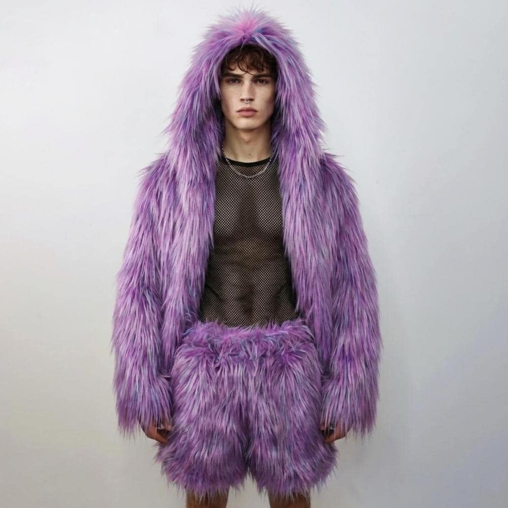 Purple Faux Fur Hoodie, Shaggy Neon Rave Jacket, Lilac Fluffy Coat