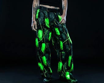 Jean noir réactif aux UV, pantalon large rave en denim vert fluo, vêtements de festival phosphorescents