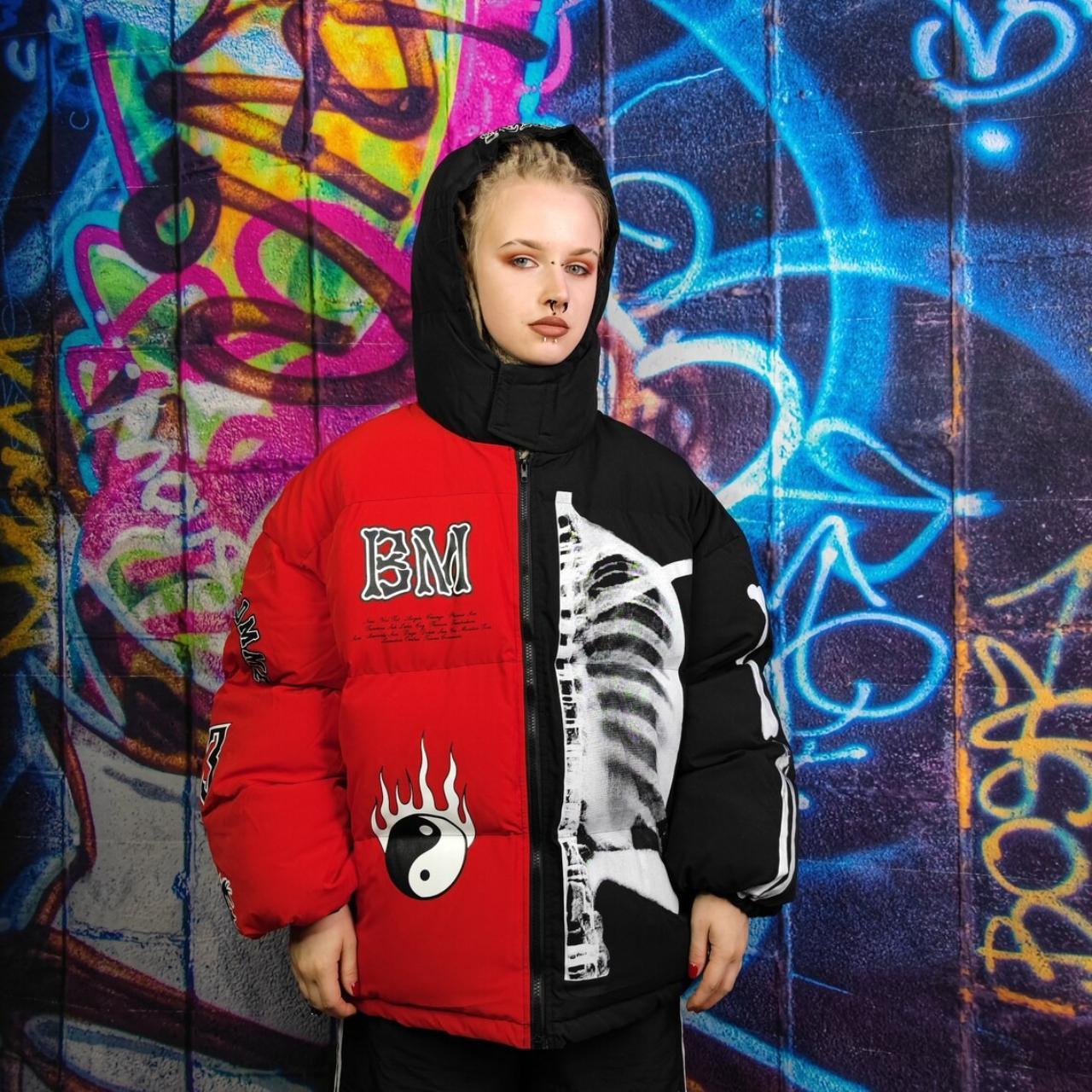 Skeleton Split Color Puffer Jacket, Grunge Bones Varsity Bomber