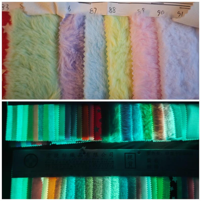 May include: A collection of colorful faux fur fabric swatches in pastel shades, including green, purple, blue, yellow, pink, and white. The bottom image shows the same fabric swatches glowing in the dark, with a variety of green and blue hues.