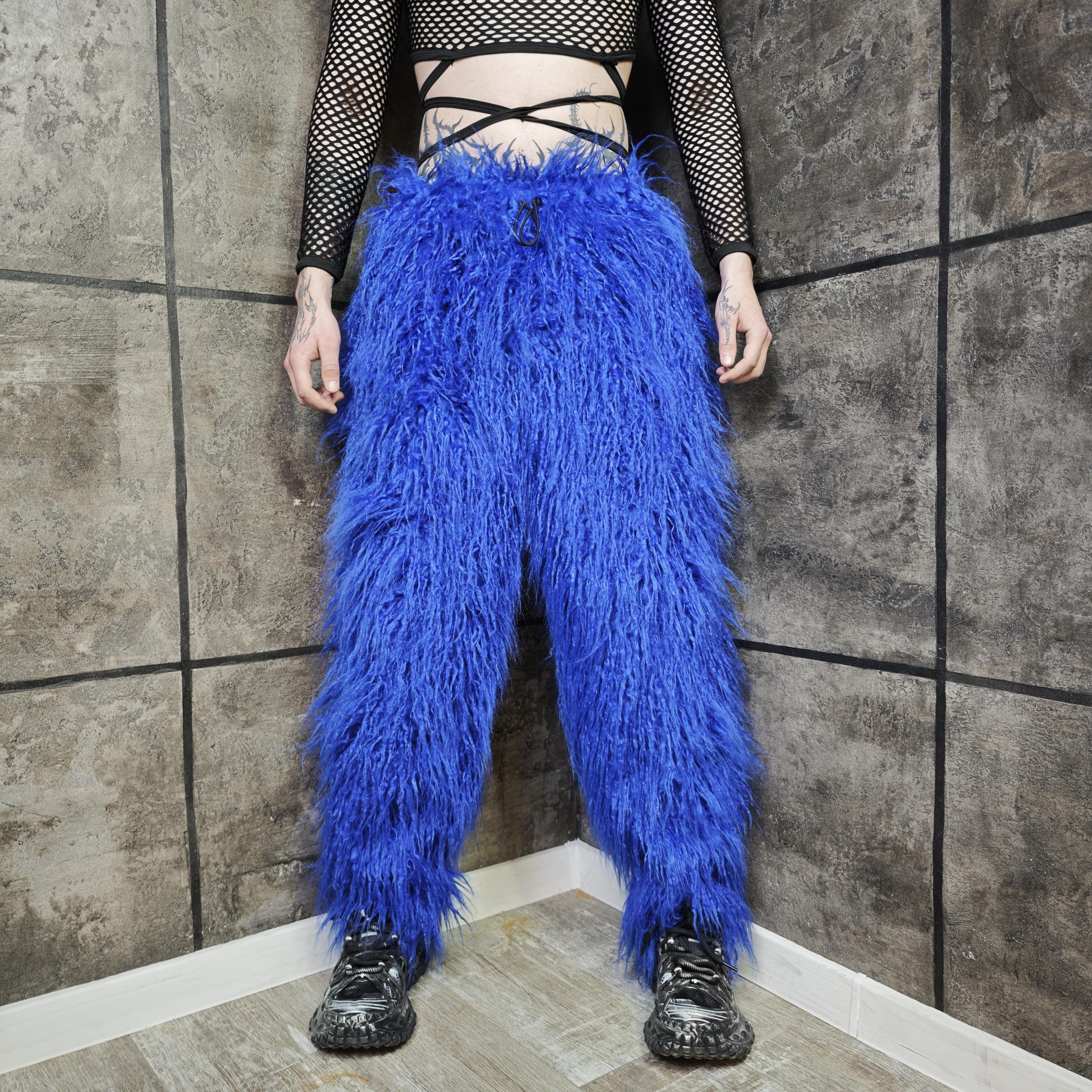 Blue Shaggy Faux Fur Pants, Long Pile Rave Trousers, Oversized 