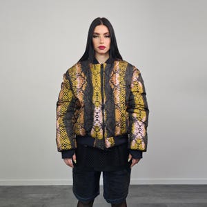Snake print bomber brown python jacket reversible college varsity detachable sleeves handmade grunge rocker coat