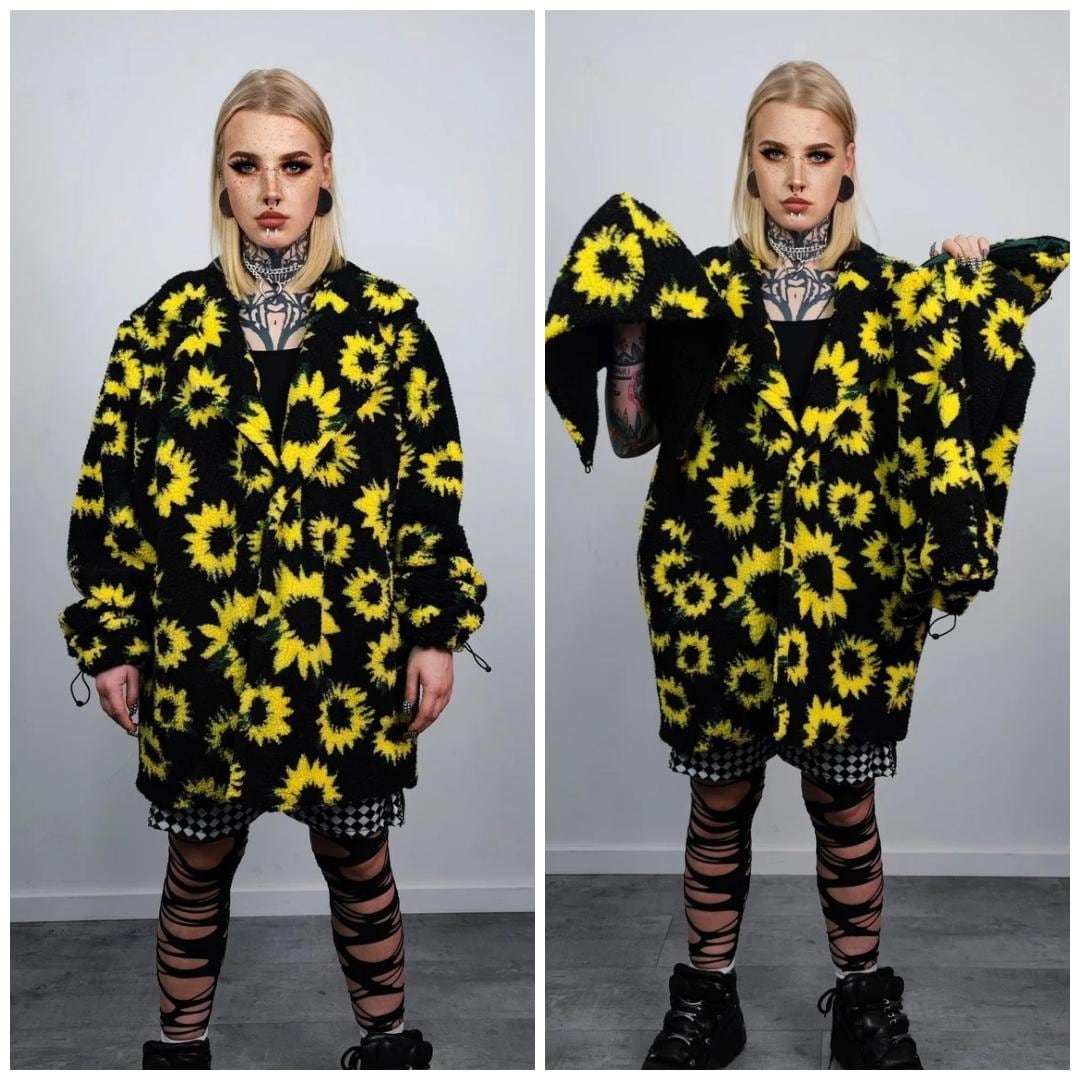 Sunflower Fleece Hooded Jacket Yellow Black Floral Coat Festival