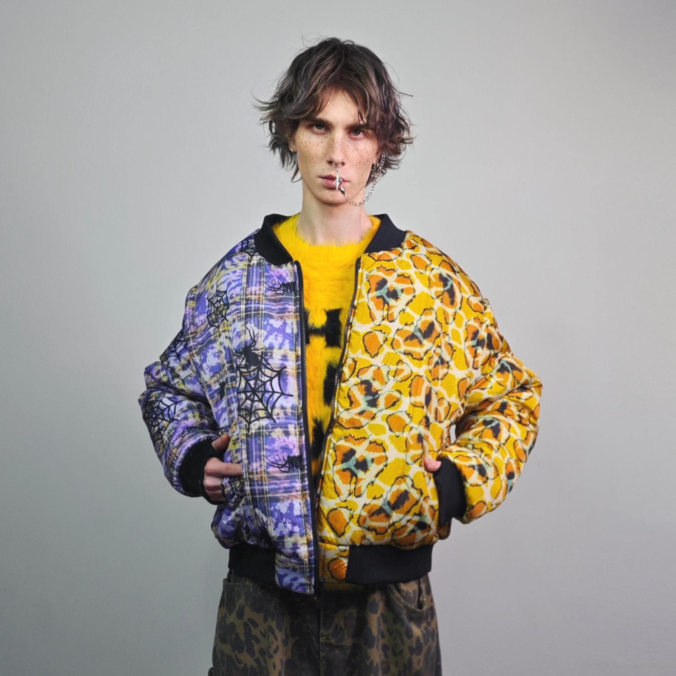 ジャケット・アウター 88-89FW spiderweb スパイダーウェブ バーシティ ジャケット ブルー イエロー アニマル