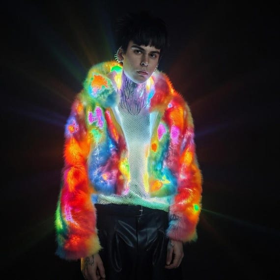 LED Light up Faux Fur Hooded Jacket, Glow in the Dark Rave Hoodie