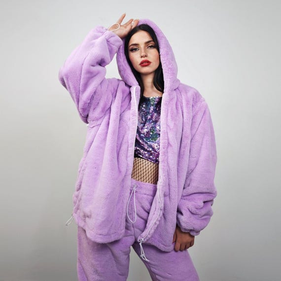Faux fur hooded coat lilac, soft fleece hoodie, luxury fluffy jacket, pastel glam outwear, cozy fluffy outfit,  fuzzy festival tracksuit set