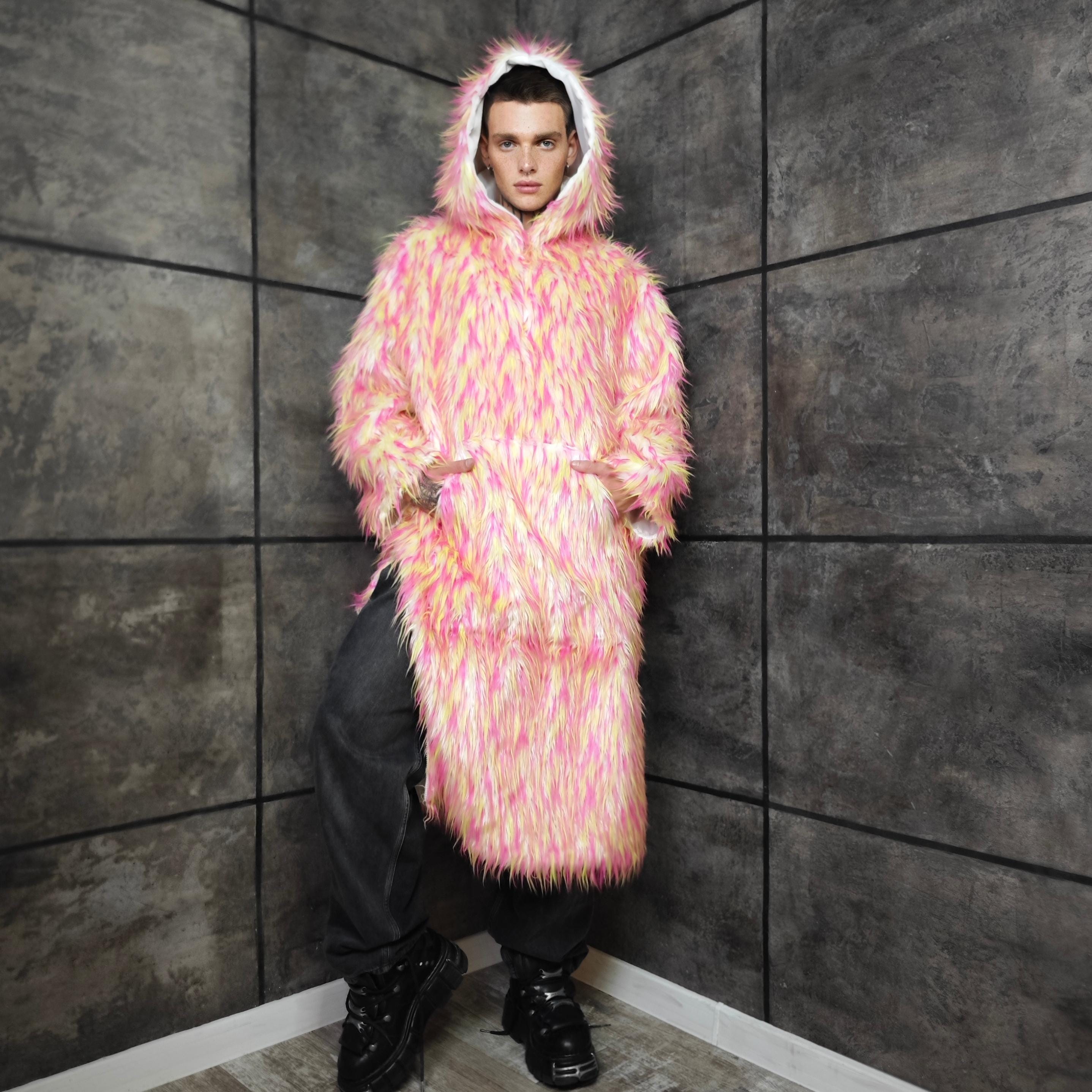 Shaggy Pink Yellow Faux Fur Jumpsuit Oversize Hooded Coat, Fluffy