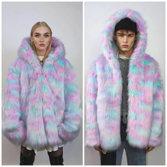 Candy Faux Fur Trench Coat Cropped Unicorn Bomber Rave Jacket