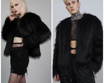 Black Shaggy Faux Fur Coat, Collarless Cropped Rave Jacket