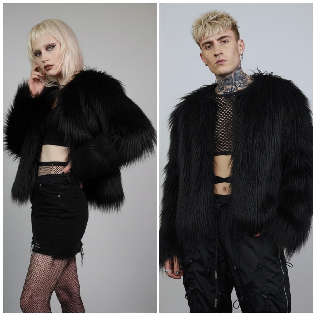 Black Shaggy Faux Fur Coat, Collarless Cropped Rave Jacket