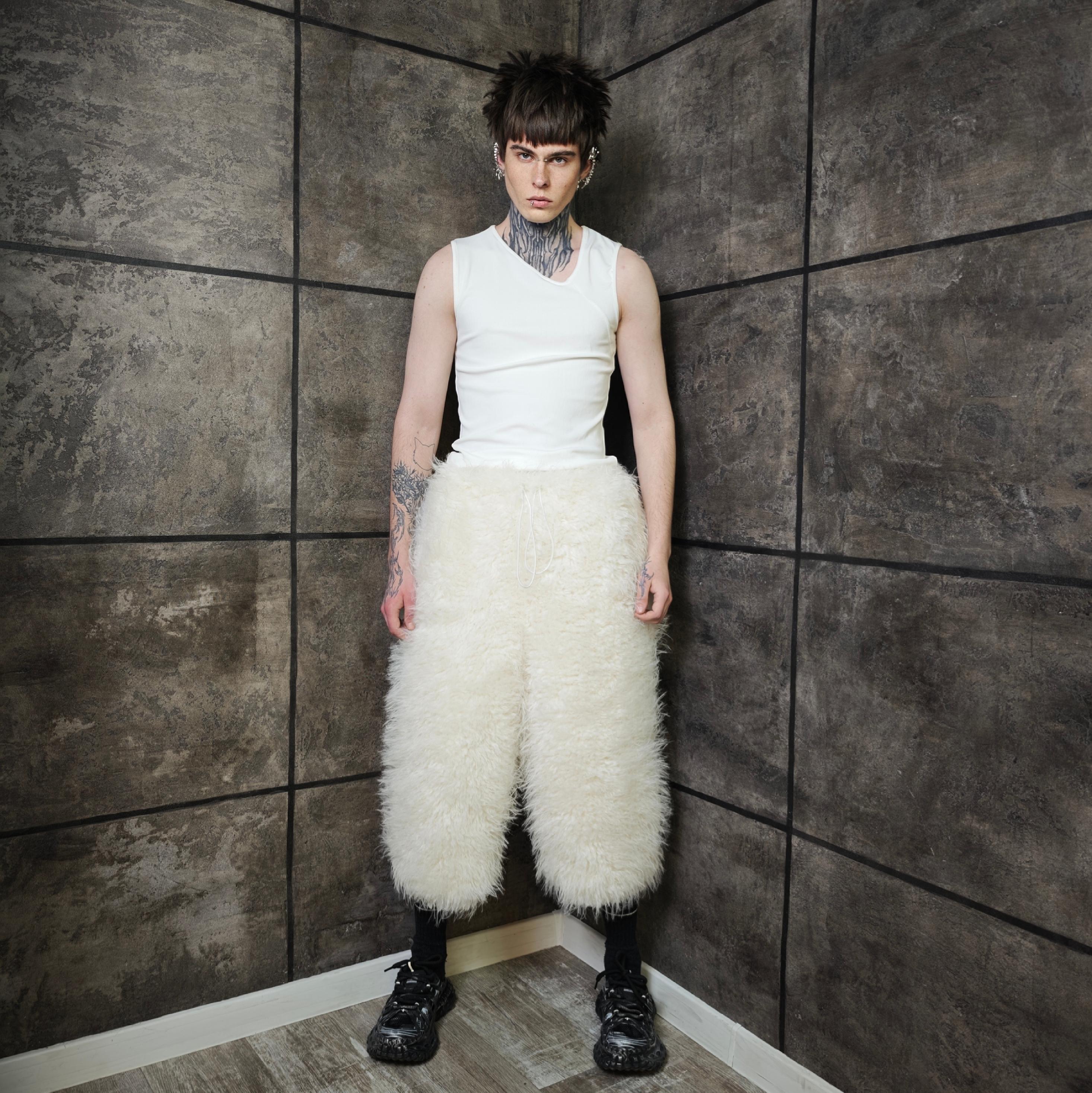 Shearling Faux Fur Pants White, Oversized Jogger Fit Bottoms