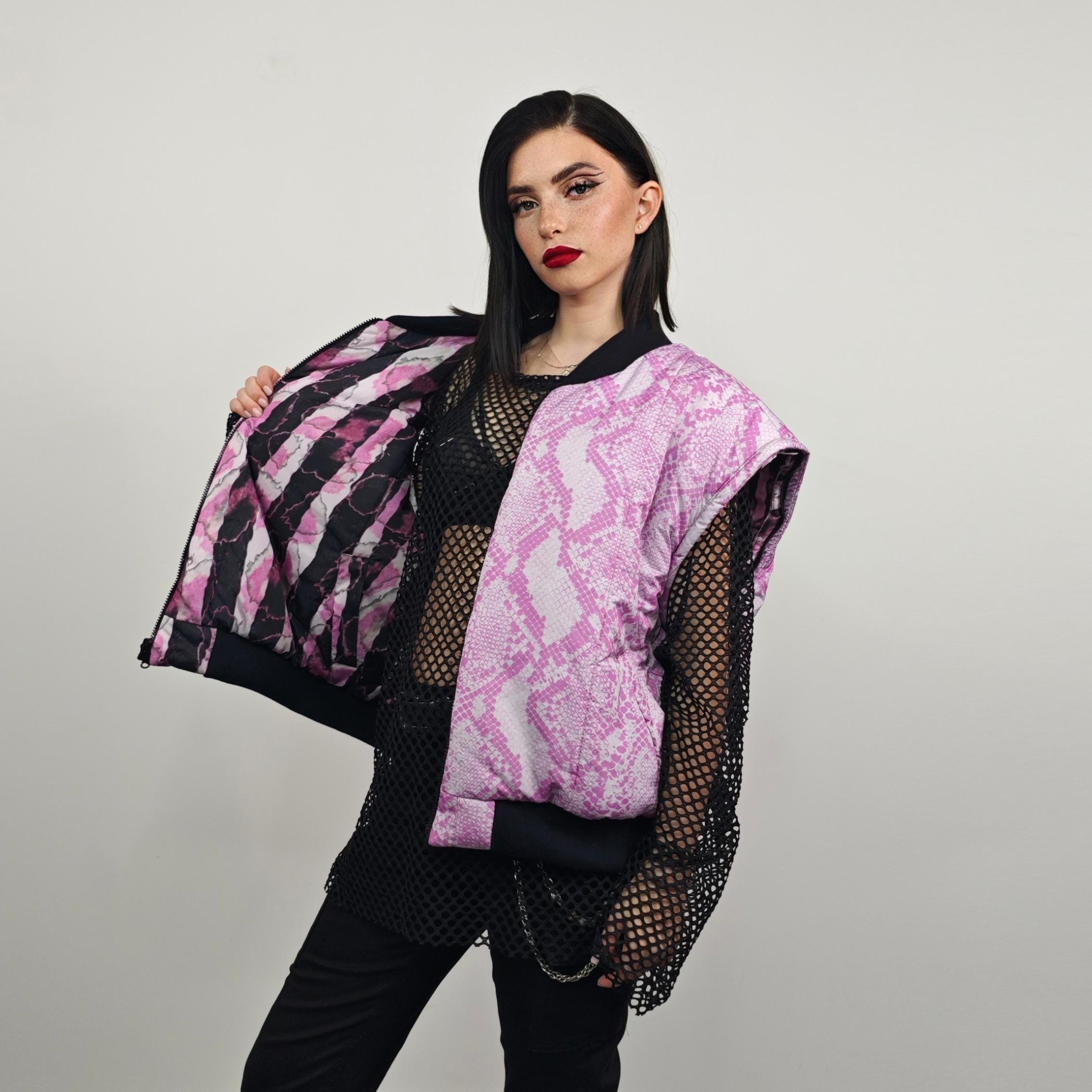 Pink Snake Bomber Python Print Jacket Raver Reversible College