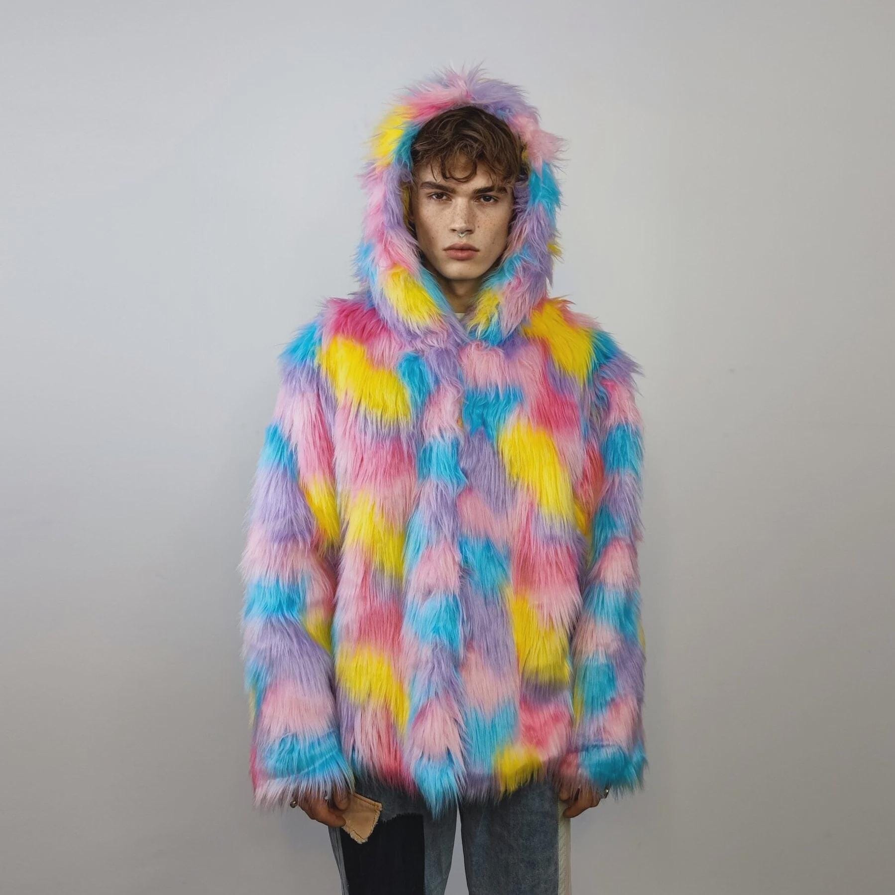 Unicorn Faux Fur Long Coat Pink, Marshmallow Raver Trench, Fluffy